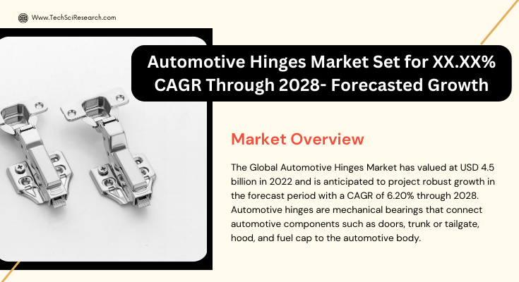 Global Automotive Hinges Market stood at USD 4.5 Billion in 2022 & will grow with a CAGR of 6.20% in the forecast period, 2024-2028.