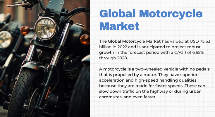 The 2022 Global Motorcycle Market reached USD 75.63 billion, projected to expand at a 6.65% CAGR from 2024 to 2028.